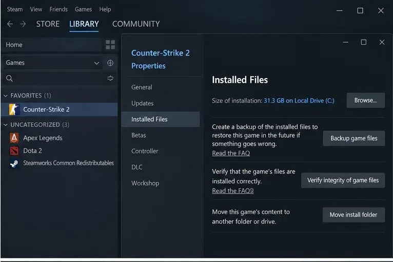 Steam Counter-Strike 2 Properties window open to Installed Files with the Verify integrity of game files button visible