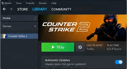 Steam Library page for Counter-Strike 2 showing the game entry and Automatic Updates enabled