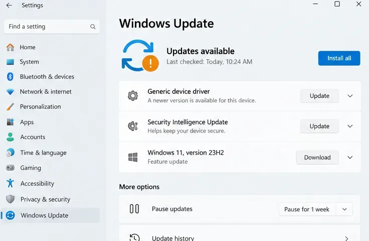 Ustawienia systemu Windows pokazujące dostępne aktualizacje systemu operacyjnego i urządzenia