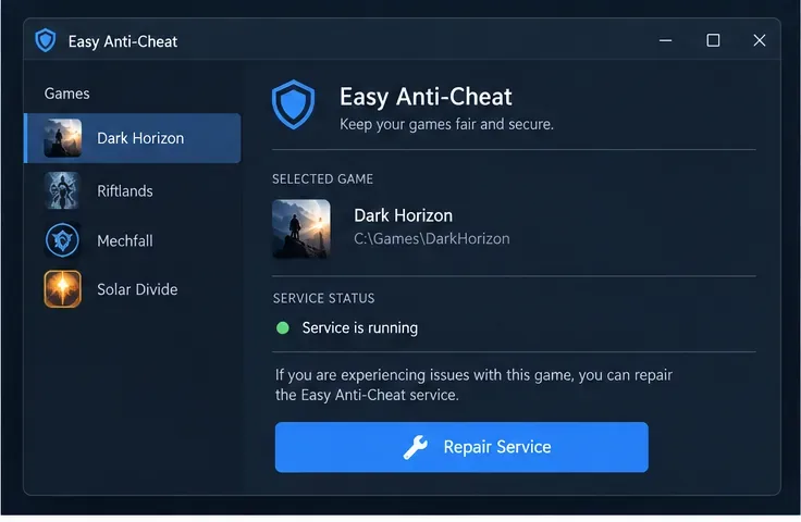 Okno usługi Easy Anti-Cheat z wybraną grą i przyciskiem Napraw usługę