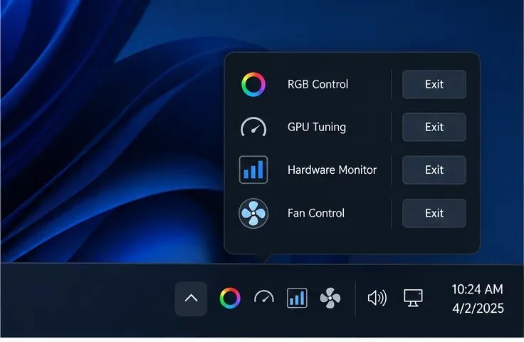 Panel zasobnika systemowego Windows z narzędziami do sterowania oświetleniem RGB, dostrajania GPU, monitorowania sprzętu i sterowania wentylatorami oraz przyciskami wyjścia