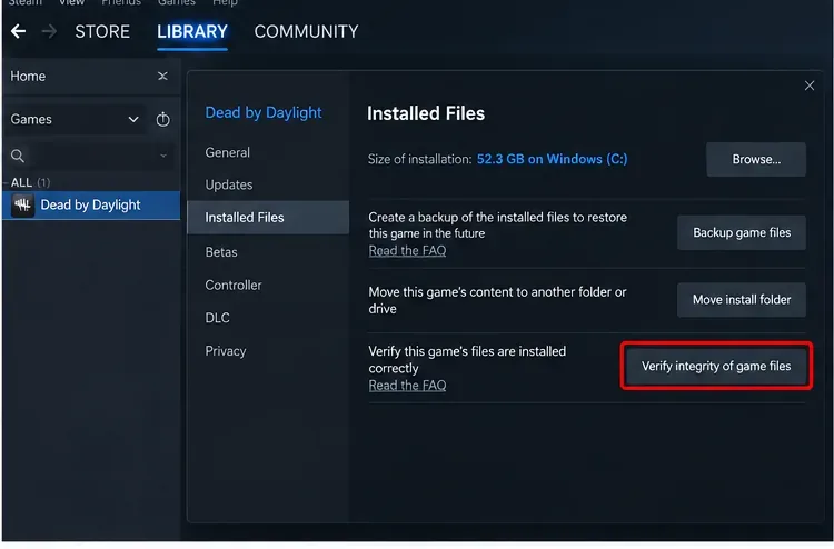 Steam 속성에서 Dead by Daylight의 설치된 파일을 선택하고 게임 파일 무결성 확인을 선택한 상태입니다.