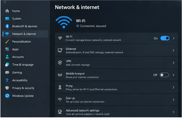 Windows 11 네트워크 및 인터넷 설정에서 Wi-Fi 연결 상태와 이더넷 VPN 프록시 및 고급 네트워크 설정 옵션을 보여줍니다.