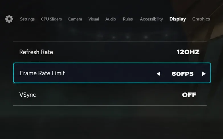 FC 26 Display settings with a highlighted 60 FPS limit, 120 Hz refresh rate, and VSync Off.