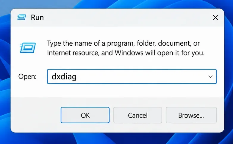 Windows Run dialog with dxdiag entered in the Open field.