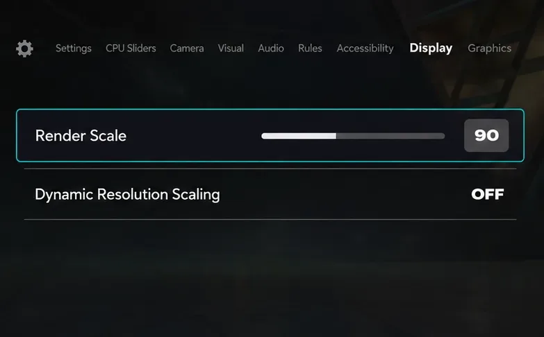 FC 26 Display settings showing Render Scale 90 and Dynamic Resolution Scaling Off.