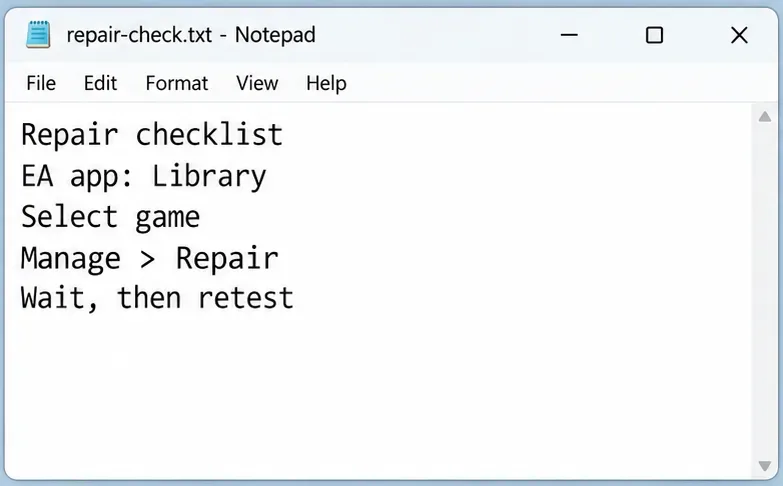 Notepad repair checklist showing the EA app Library, Manage, and Repair sequence.