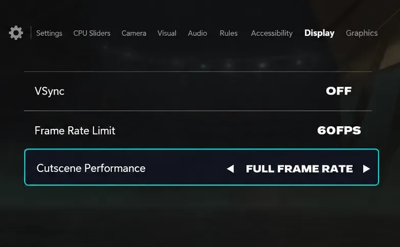 FC 26 Display settings showing Cutscene Performance set to Full Frame Rate, VSync Off, and a 60 FPS limit.