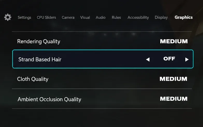 FC 26 Graphics settings with Strand Based Hair Off and medium rendering, cloth, and ambient occlusion quality.