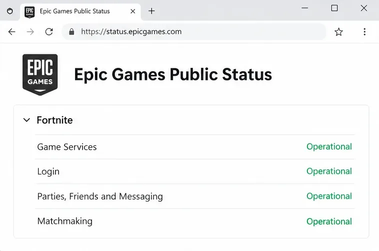 Epic Games Public Status page with Fortnite service rows including Matchmaking and Login