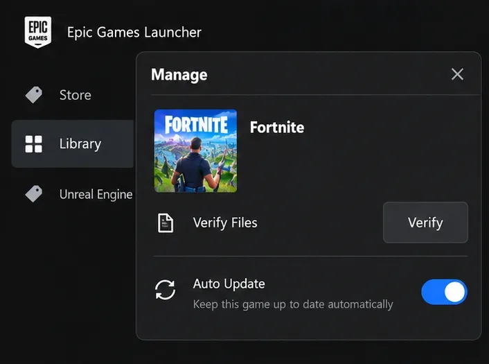 Epic Games Launcher Fortnite management panel with a Verify button beside Verify Files