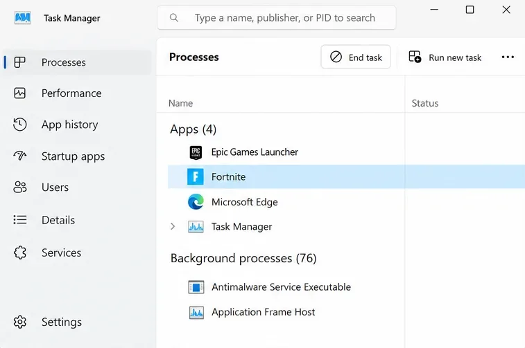 Windows Task Manager with Fortnite selected and the End task control visible