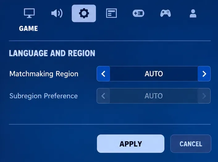 Fortnite Language and Region settings with Matchmaking Region on Auto and Subregion Preference grayed out on Auto