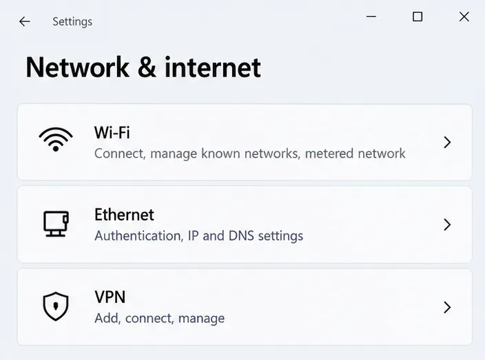 Windows Network and internet settings with Wi-Fi, Ethernet, and VPN entries