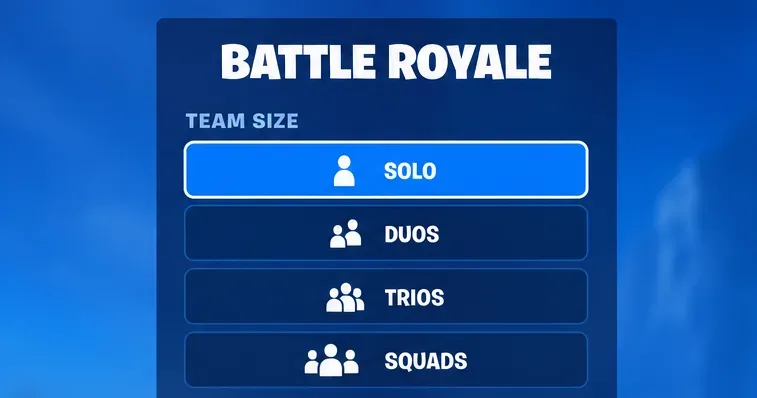 Battle Royale team-size selection showing Solo selected above Duos, Trios, and Squads