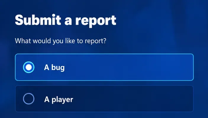 Fortnite Submit a report screen with A bug selected and A player listed separately