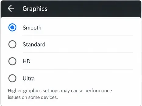Menú de gráficos de juegos móviles con la opción Smooth seleccionada.