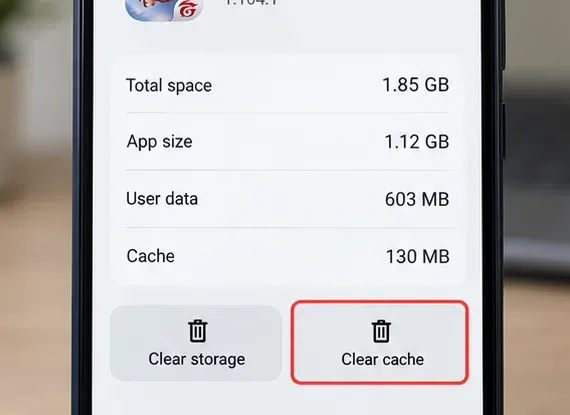Controles de almacenamiento y caché de Android con la opción "Borrar caché" resaltada.