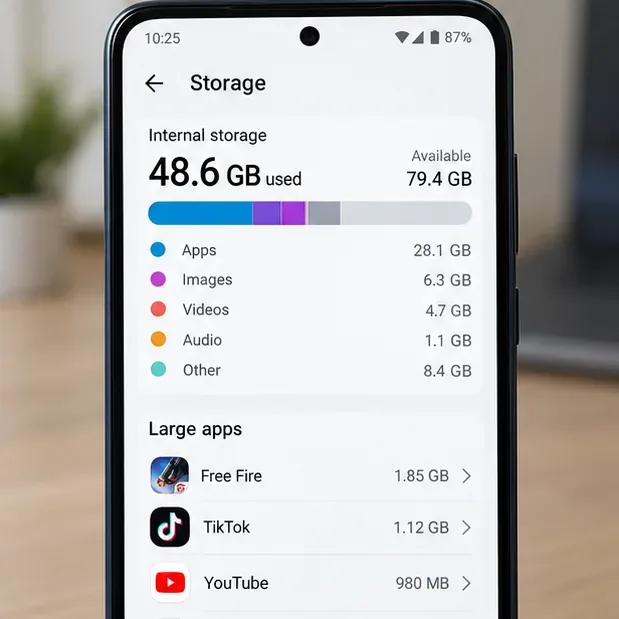 Pantalla de almacenamiento de Android que muestra el almacenamiento interno usado y disponible.