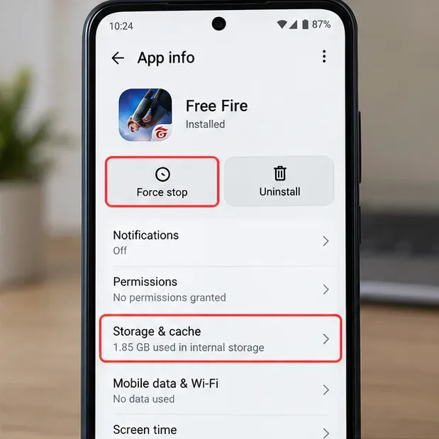 Pantalla de información de la aplicación Android para Free Fire con la opción de forzar detención y almacenamiento y caché resaltados.