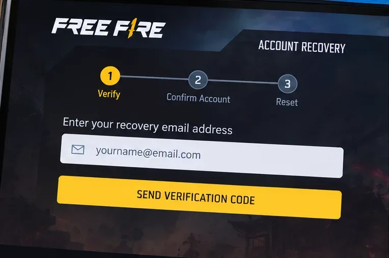 Capture d'écran illustrative de récupération de compte Free Fire avec un champ pour l'adresse e-mail de récupération et un bouton pour le code de vérification
