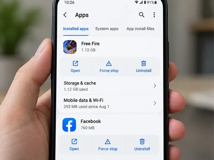 Capture d'écran des paramètres d'une application Android montrant les commandes des applications Free Fire et Facebook, notamment le stockage et le cache.