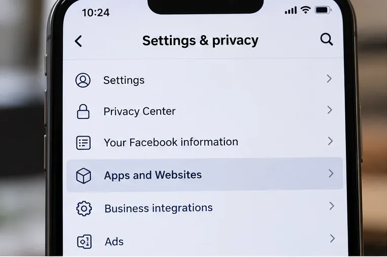 Illustration des paramètres et de l'écran de confidentialité de Facebook, avec les applications et les sites web mis en évidence.