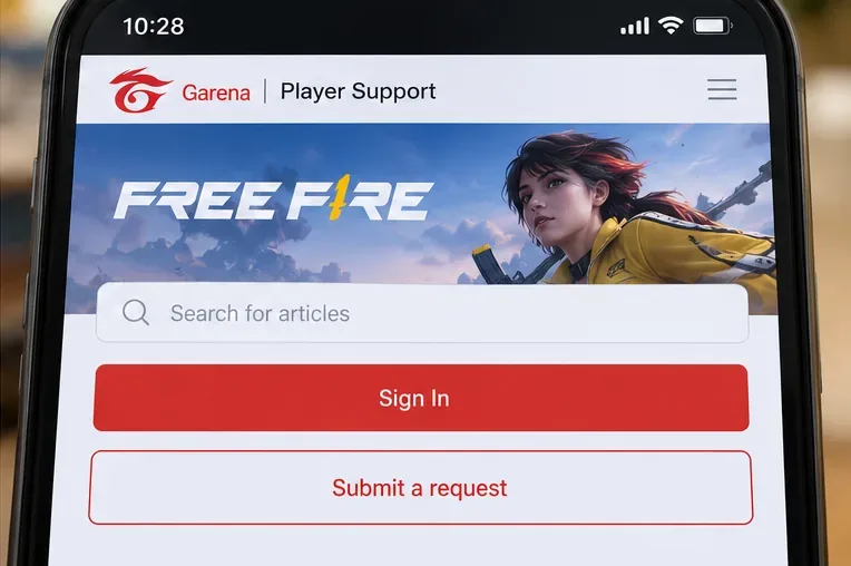 Page d'assistance aux joueurs de Garena Free Fire (illustration) montrant les commandes de connexion et d'envoi de requêtes