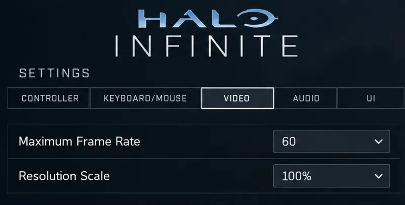 Halo Infinite Video settings showing Maximum Frame Rate at 60 and Resolution Scale at 100 percent.