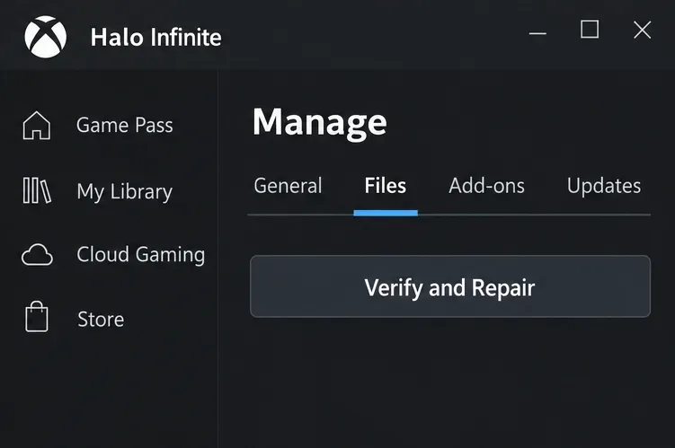 Halo Infinite Manage view in the Xbox app with Files selected and Verify and Repair visible.