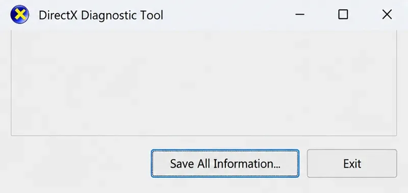 DirectX Diagnostic Tool with Save All Information and Exit buttons.