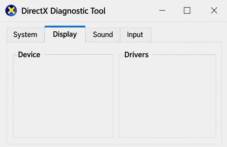 Display tab selected in the DirectX Diagnostic Tool, with Device and Drivers section headings.
