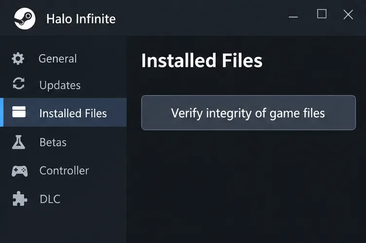 Halo Infinite Steam properties with Installed Files selected and the verification button visible.