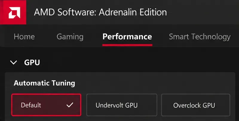 AMD Software GPU Automatic Tuning controls with Default selected.