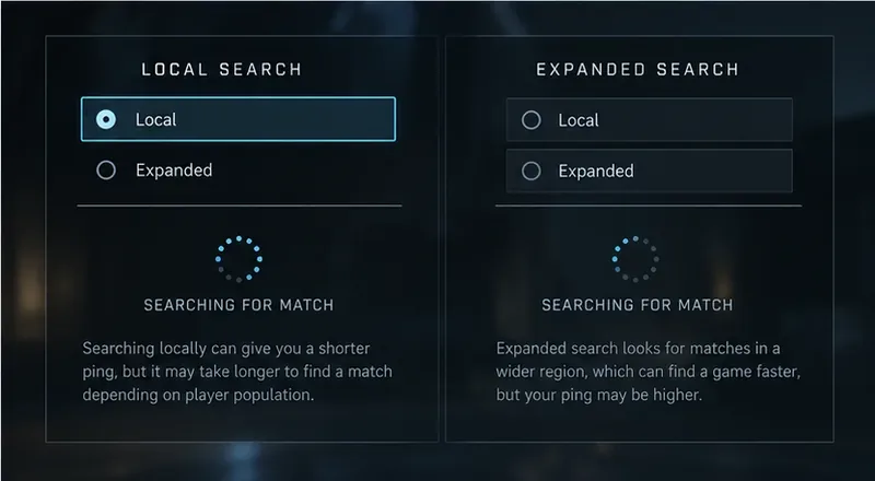 Two dark matchmaking panels compare Local and Expanded Search Region choices with searching indicators