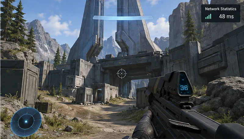 A first-person multiplayer view shows a Network Statistics counter reading 48 ms in the upper-right corner