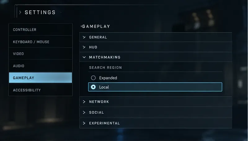 A Halo-style Settings screen has Gameplay and Matchmaking open, with Local selected under Search Region