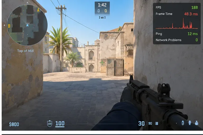FPS, 프레임 시간, 핑 및 네트워크 문제 관련 원격 측정 정보를 볼 수 있는 CS2 게임 플레이 화면 예시입니다.