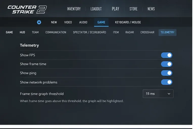 CS2 게임 설정에서 FPS, 프레임 시간, 핑 및 네트워크 문제에 대한 원격 측정 옵션을 보여줍니다.
