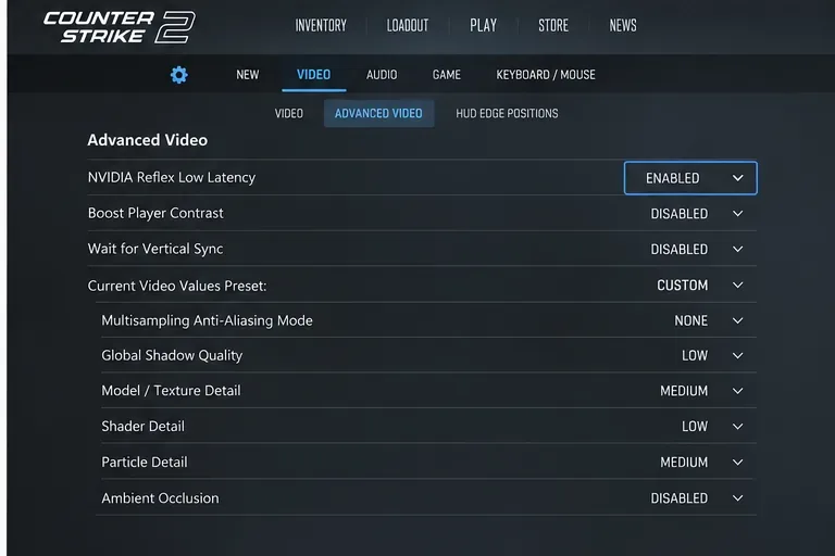 CS2 고급 비디오 설정에서 NVIDIA Reflex Low Latency가 활성화로 설정된 것을 보여줍니다.
