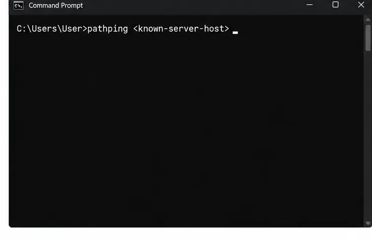 Windows Command Prompt with pathping ready to run against a confirmed server hostname