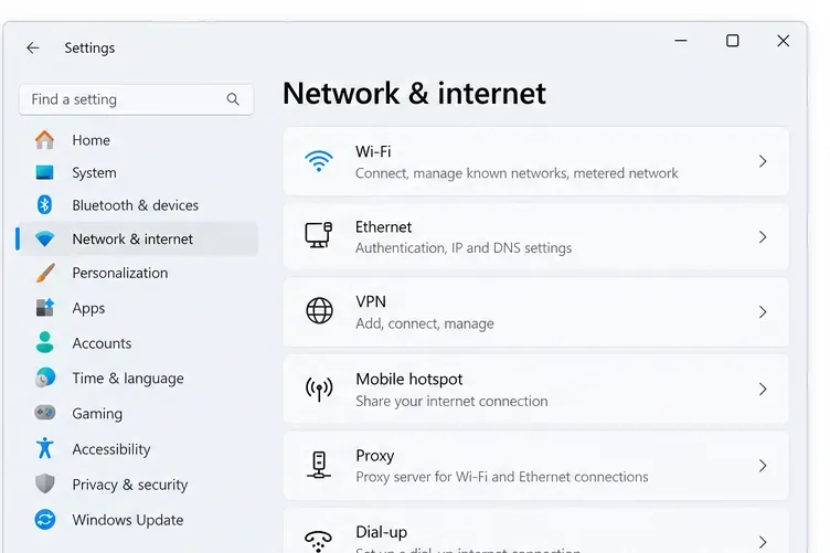 Windows 11 Network and Internet settings showing Wi-Fi, Ethernet, VPN, and other connection categories