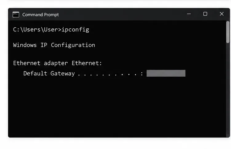 Windows Command Prompt showing ipconfig and a masked Default Gateway address