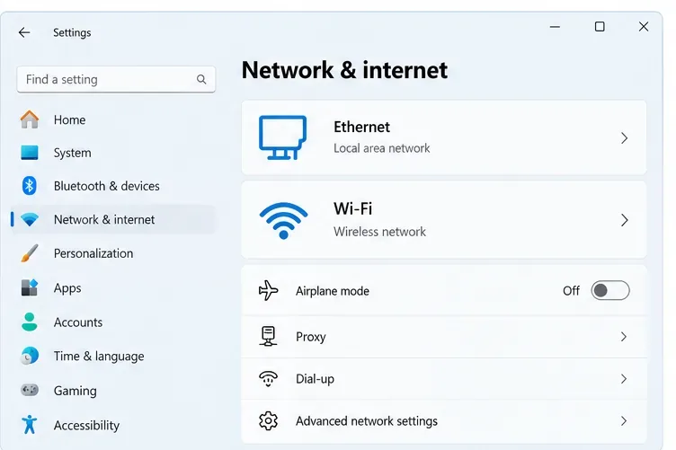 Windows Network and Internet settings with separate Ethernet and Wi-Fi connection options