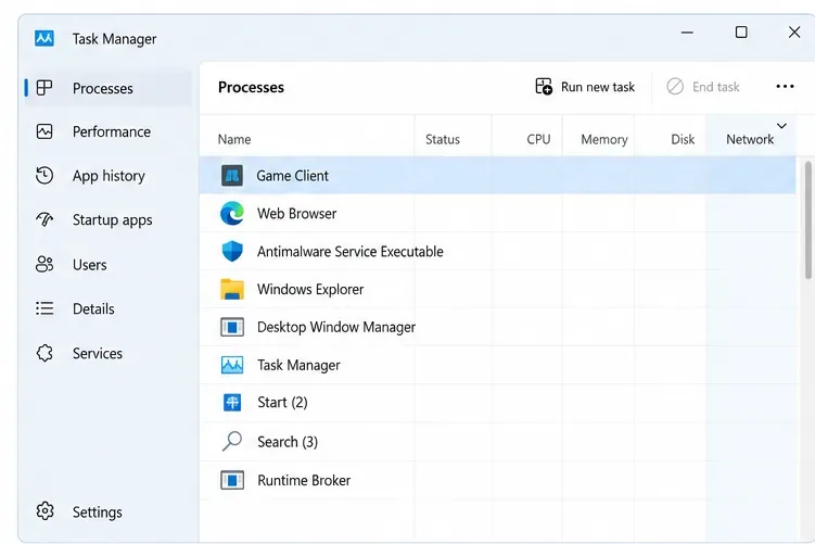 Windows Task Manager Processes page with the Network column visible and no usage values shown