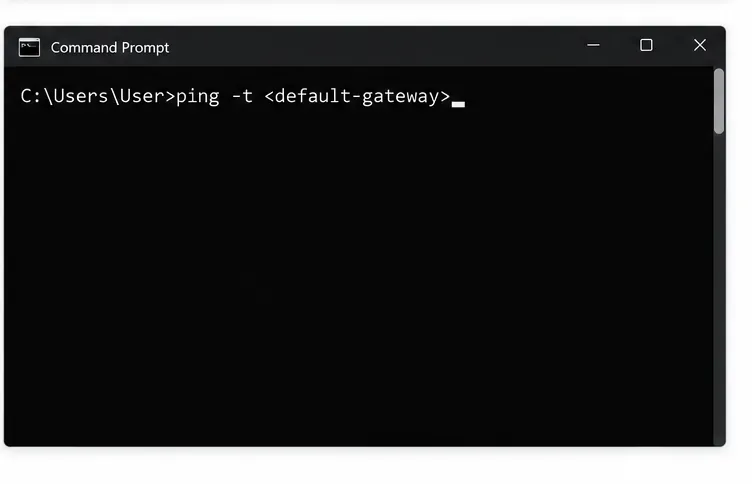 Command Prompt with a continuous ping command and a placeholder for the user's own gateway address