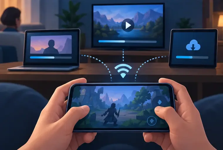 Un téléphone utilisé pour jouer tandis qu'une télévision, un ordinateur portable et une tablette diffusent ou téléchargent des fichiers sur le même réseau domestique.
