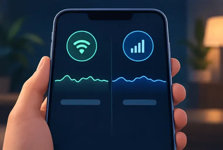 Un téléphone affichant des indicateurs de connexion Wi-Fi et cellulaire séparés, avec des lignes de stabilité simples.