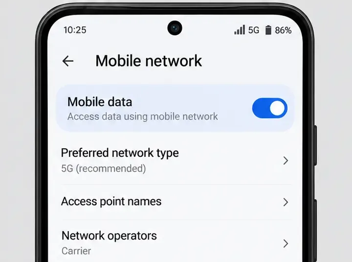 Un écran de paramètres de réseau mobile avec les données mobiles activées et les options réseau en dessous.
