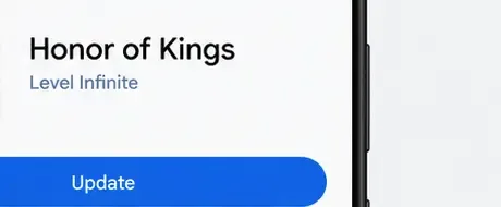 Une capture d'écran de la liste des applications montrant Honor of Kings, Level Infinite et un bouton de mise à jour.